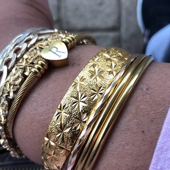 Neiman Marcus 18k Yellow Gold Plated Diamond Cut Adjustable Bangle Bracelet - Picture 2 of 5